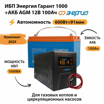 ИБП для котла Энергия Гарант 1000 + Аккумулятор 100 Ач 12 В (600Вт - 91мин) - ИБП и АКБ - ИБП для котлов - . Магазин оборудования для автономного и резервного электропитания Ekosolar.ru в Белогорске