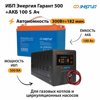 ИБП Энергия Гарант 500 + Аккумулятор S 100 Ач - 12В (300Вт - 182мин) - ИБП и АКБ - ИБП для котлов - . Магазин оборудования для автономного и резервного электропитания Ekosolar.ru в Белогорске