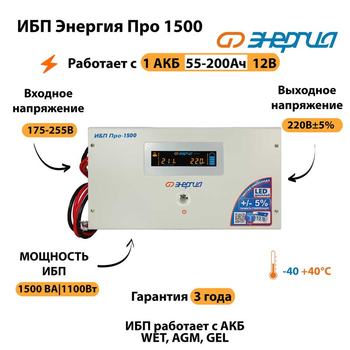 Энергия ИБП Про 1500 12В - ИБП и АКБ - ИБП для котлов - . Магазин оборудования для автономного и резервного электропитания Ekosolar.ru в Белогорске