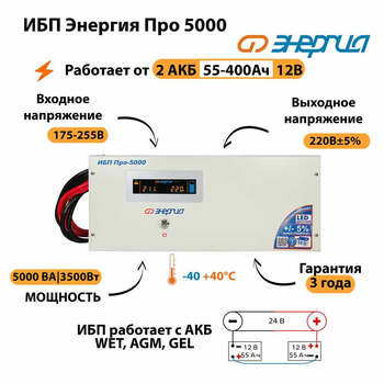 Энергия ИБП Про 5000 24В - ИБП и АКБ - ИБП для котлов - . Магазин оборудования для автономного и резервного электропитания Ekosolar.ru в Белогорске