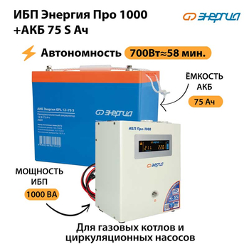 ИБП Энергия Про 1000 + Аккумулятор S 75 Ач - 12В (700Вт - 59мин) - ИБП и АКБ - ИБП для котлов - . Магазин оборудования для автономного и резервного электропитания Ekosolar.ru в Белогорске