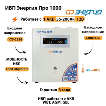 Энергия ИБП Про 1000 12В - ИБП и АКБ - ИБП для котлов - . Магазин оборудования для автономного и резервного электропитания Ekosolar.ru в Белогорске