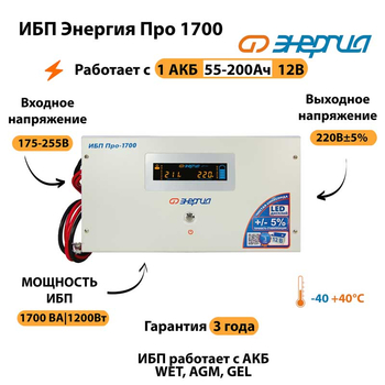 Энергия ИБП Про 1700 12В - ИБП и АКБ - ИБП для котлов - . Магазин оборудования для автономного и резервного электропитания Ekosolar.ru в Белогорске