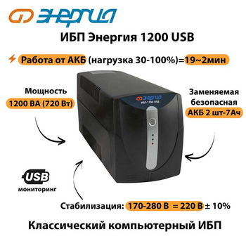 Энергия ИБП 1200 USB - ИБП и АКБ - ИБП для компьютера - . Магазин оборудования для автономного и резервного электропитания Ekosolar.ru в Белогорске