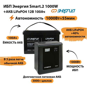 ИБП Энергия Smart.2 1000W + Аккумулятор LiFePO4 12v-100Ah (1000Вт-55мин) - ИБП и АКБ - ИБП Энергия - ИБП на 1 кВА - . Магазин оборудования для автономного и резервного электропитания Ekosolar.ru в Белогорске
