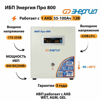 Энергия ИБП Про 800 12В - ИБП и АКБ - ИБП для котлов - . Магазин оборудования для автономного и резервного электропитания Ekosolar.ru в Белогорске