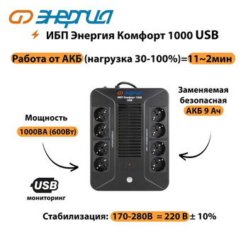ИБП Комфорт 1000 USB Энергия - ИБП и АКБ - ИБП для компьютера - . Магазин оборудования для автономного и резервного электропитания Ekosolar.ru в Белогорске