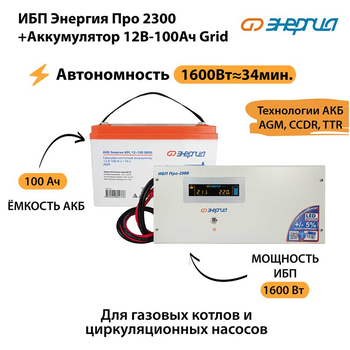 ИБП для котла Энергия Про 2300 + Аккумулятор Grid 100 Ah 12 v (1600Вт - 34мин) - ИБП и АКБ - ИБП для котлов - . Магазин оборудования для автономного и резервного электропитания Ekosolar.ru в Белогорске